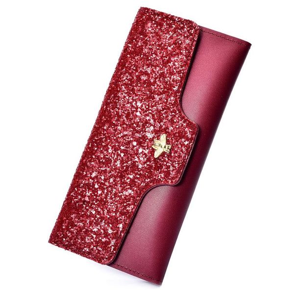

wallets ladies fashion long coin bag wallet sequin tri fold clutch multifunction zip purse, Red;black