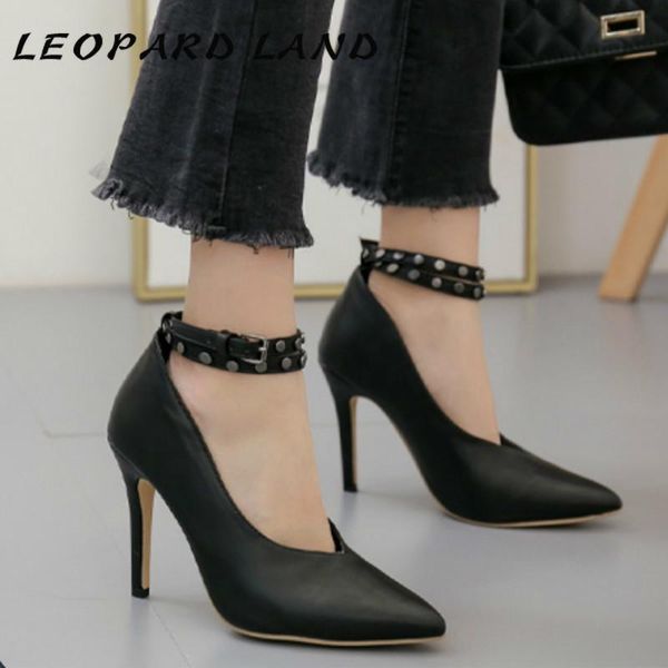 

dress shoes leopard land 2021 shallow patent leather women's pointed toe word buckle high heel professional ol singles cwf, Black