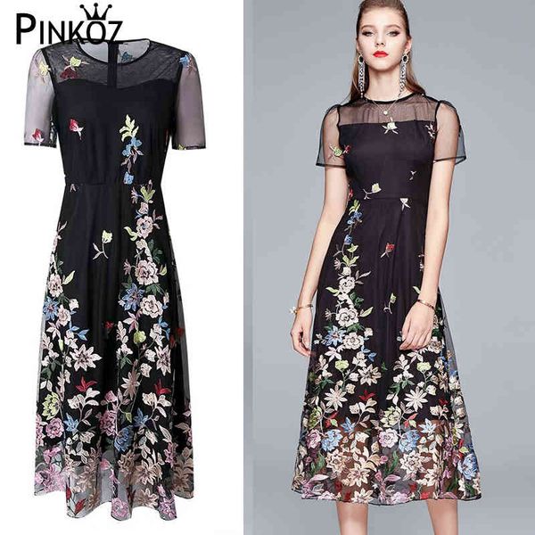 

midi dress flower embroidery black patchwork mesh festa floral party designer elegant summer vestidos chic za 210421, White