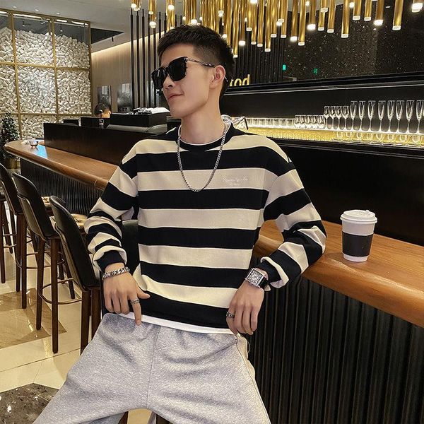 

men's hoodies & sweatshirts men clothing round neck trend loose stripe pullover streetwear college cotton the listing fashion movement, Black