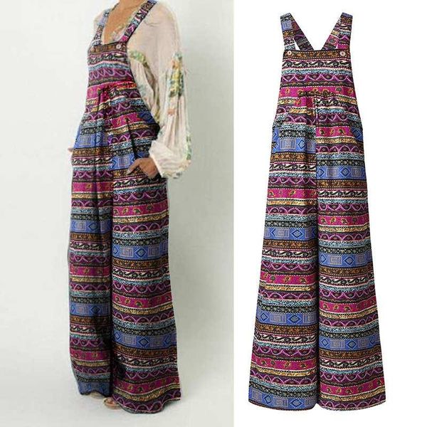 

women's jumpsuits & rompers plus size celmia kaftan long summer women loose vintage printed suspender casual wide leg playsuits female, Black;white