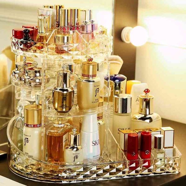 

360 rotating makeup beauty organizer acrylic dresser lipstick skin care shelf diamond pattern cosmetics receiving box