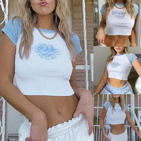 

women's t-shirt slim simple basic printed thin navel short sleeve white
