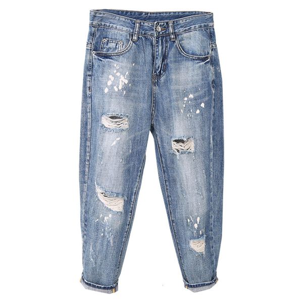 

jeans boyfriend ripped hole vintage woman hare for high-waisted girl casual denies loose pants mon longer jeans, Blue
