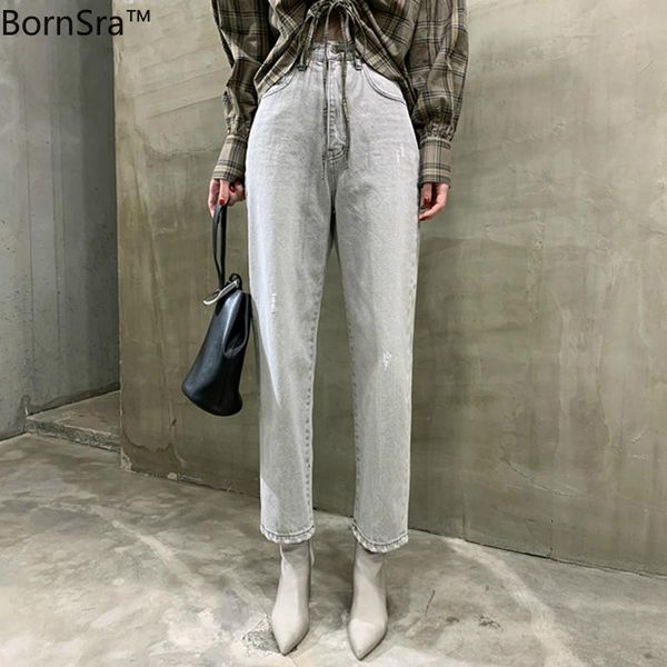 

women's jeans bornsra women vintage straight leg high waist pockets button loose female trousers gray denim pants 2021 chic, Blue