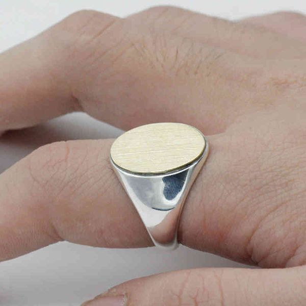 

solid 925 sterling silver signet ring golden brushed surface engraved rings simple design for men women lovers jewelry gift, Slivery;golden