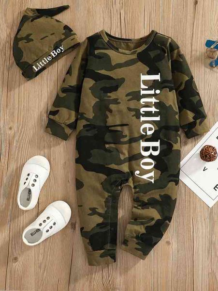 

baby letter and camo print jumpsuit with hat she, Blue