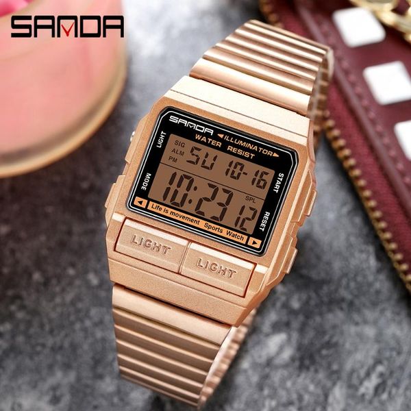 

wristwatches sanda rose gold fashion male watch professional digital watches sports men 50m waterproof military alarm retro analog, Slivery;brown