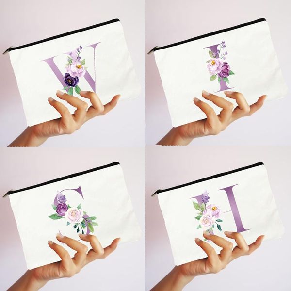 

cosmetic bags & cases purple flowers alphabet women's makeup harajuku zipper pouch organizer fashion lipstick storage canvas casual bag
