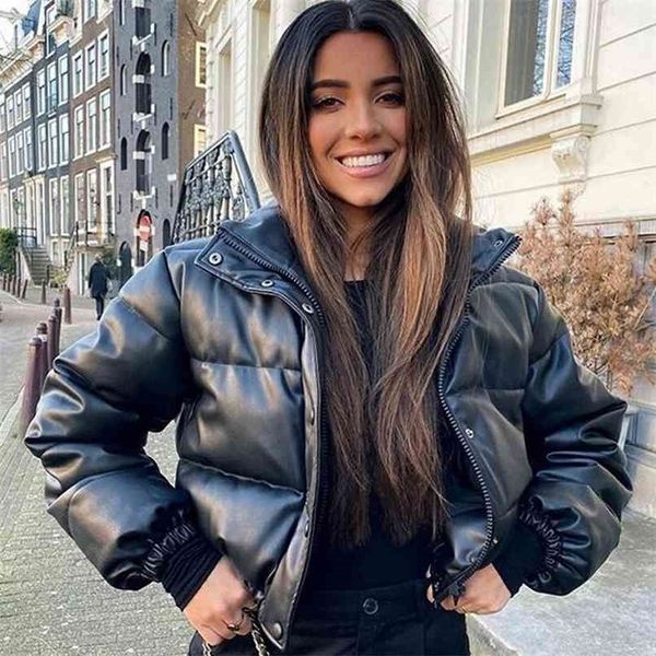 

zoki winter thick women short parkas warm fashion pu leather coats black cotton padded female down jacket elegant zipper clothes 210922