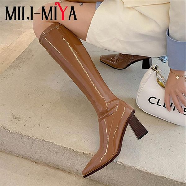 

boots mili-miya simple patent leather riding knee high fashion round toe women autumn winter back zipper thick heels dress shoes, Black