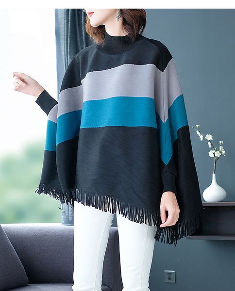 

knits pleated batwing sleeve turtleneck women's tassle loose stripe cloak, White