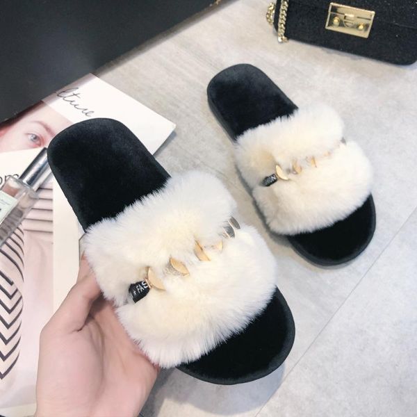 

slippers women home winter warm flip flops shoes woman slip on flats slides female comfortable faux fur 36-41, Black