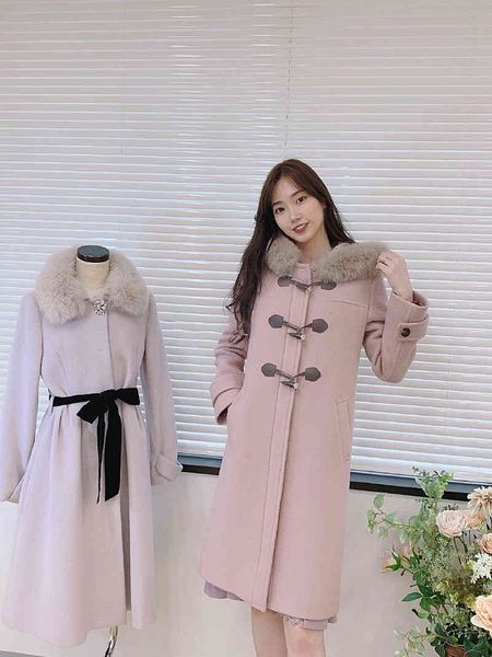 

autumn and winter products sweet long women's horn button fox fur collar hooded woolen coat 201224, Black