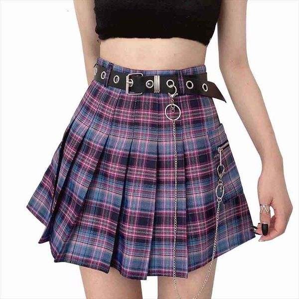 

harajuku plaid skirt women y2k high waist mini tennis skirts uniform chain pocket a-line streetwear vintage belt, Black