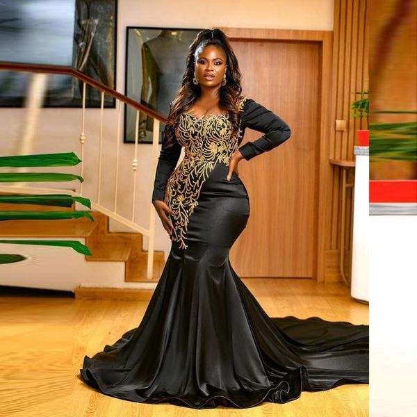 

party dresses aso ebi black mermaid evening gold lace appliques plus size prom dress with long sleeves african formal gowns, White;black