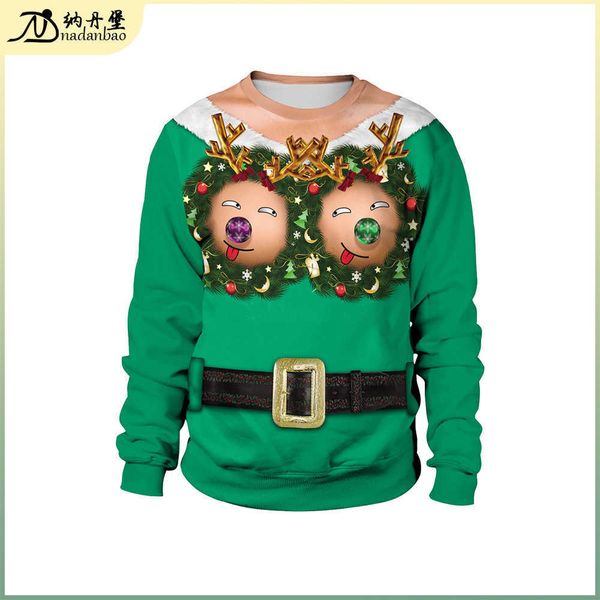

2021 cute funny christmas digital printing pattern pullover round neck christmas couple sweater, Black
