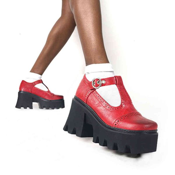 

sandals vintage femel round toe t strap platform goth pumps brogue retro high heels shoes for women spring casual, Black