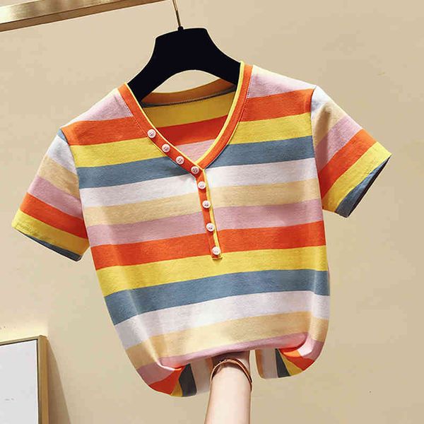 

women's t-shirt shintimes cotton fashion v-neck rainbow striped slim tee femme short sleeve t s women summer 1ojq, White