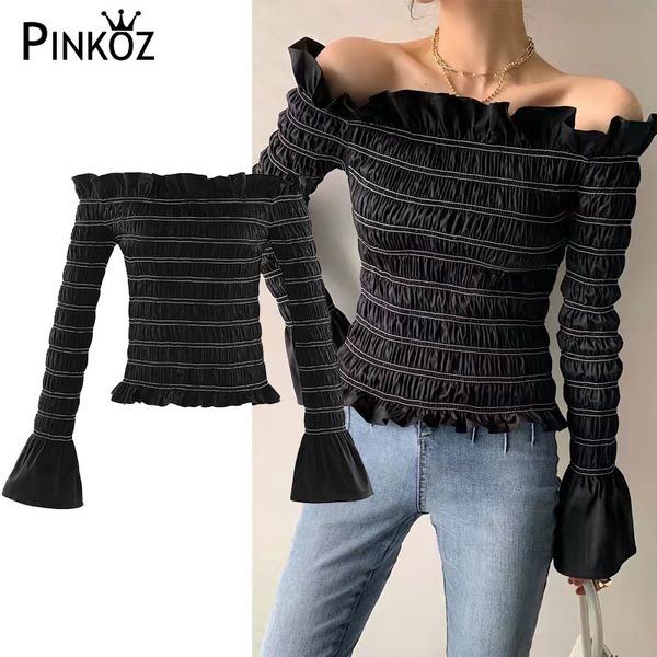 

designer style black slim bodyconslash neck ruched long flare sleeve women shirt summer spring french chic 210421, White