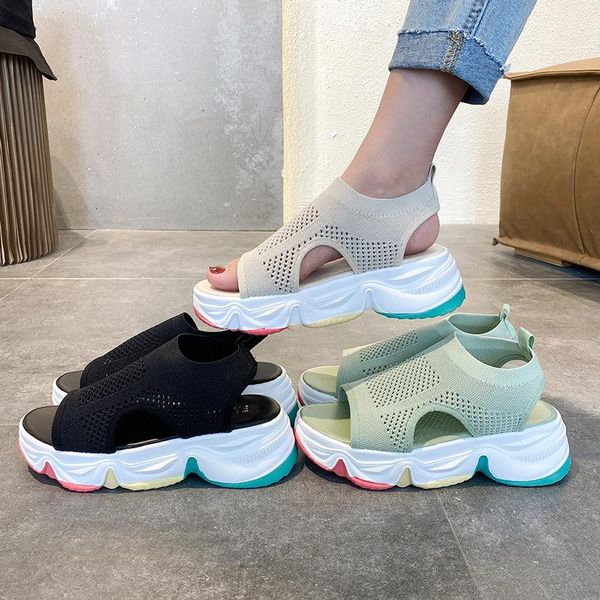 

sandals women summer 5cm heel fashion shoes platform rainbow sole slip on, Black