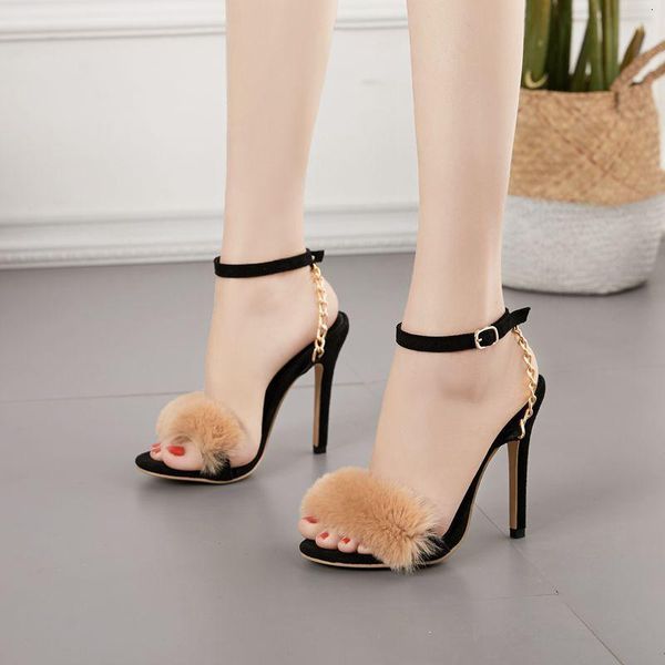 

sandals large size female sandal black shoes for women fur heels buckle strap big girls beige stiletto fashion comfort high fabric 66pt