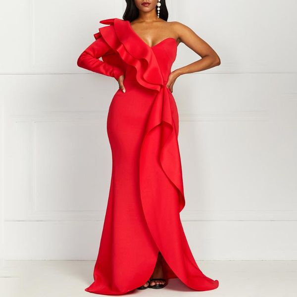 

casual dresses african style elegant party vintage women long maxi one shoulder slim bodycon female ruffles red plus size, Black;gray