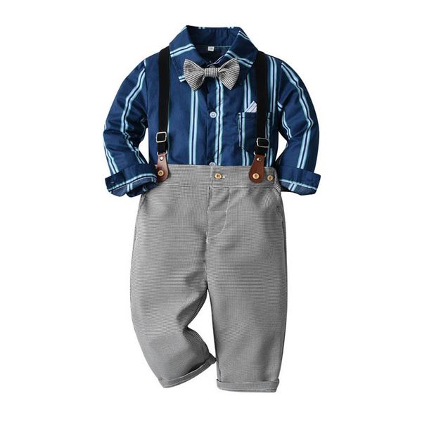 

boys clothing sets baby suits children clothes spring autumn long sleeve shirts striped suspenders trouser gentleman two-piece set b7771, White
