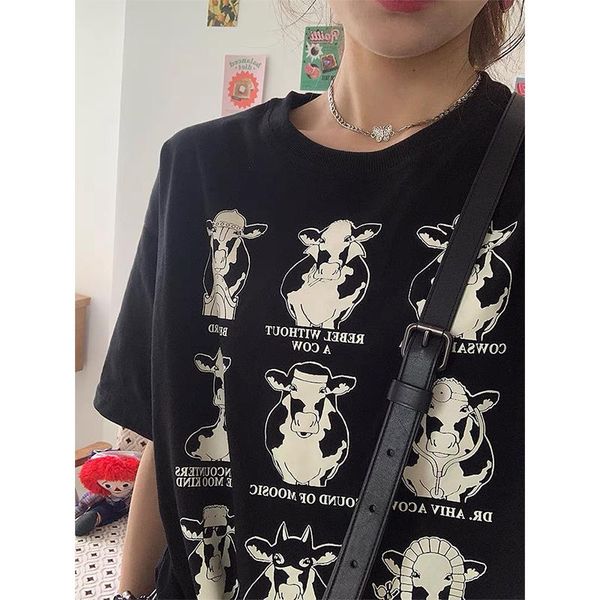 

women's t-shirt funny cow printed streetwear tshirt short sleeve cotton o neck plus size loose graphic aesthetic tees ins harajuku shir, White