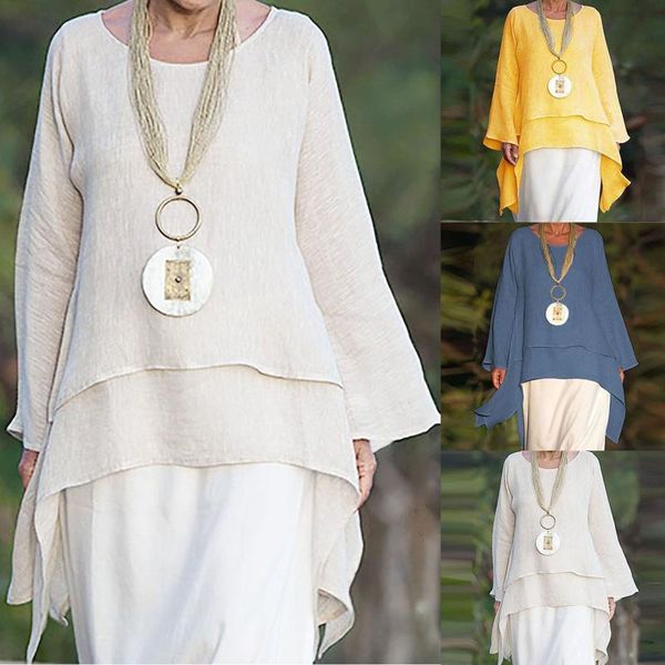 

women's blouses & shirts oversized women cotton linen blouse fashion plus size irregular casual long sleeve neck shirt lady, White