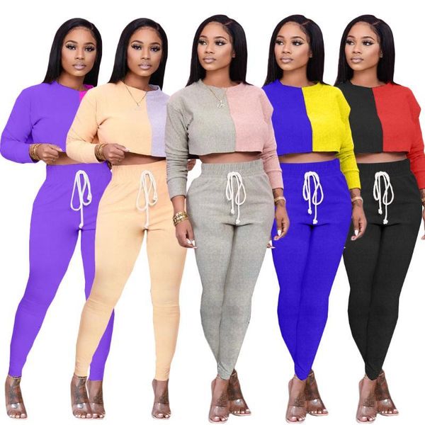 

women's tracksuits contrast color patchwork long sleeve o-neck crop lace up pants 2 pieces suit for women clothing plus size 7yoj, Gray