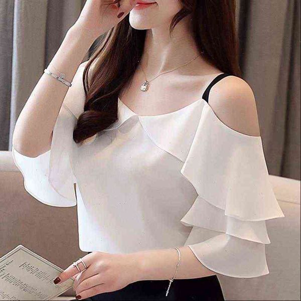 

fashion off shoulder white womens shirts chiffon camisas mujer and b296