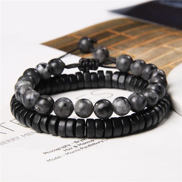 

beaded, strands 2pcs/set natural stone beads bracelet black wood chip braided bracelets for women men labradorite jaspers elastic rope pulse