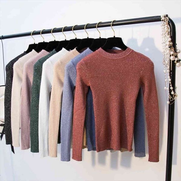 

shiny lurex autumn winter women womens sweaters long sleeve pullover basic korean style knit femme, White;black