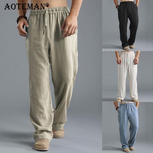 

men's pants men summer linen spring casual solid elastic waist trouser fashion sport male long pant loose vintage clothing lm407, Black