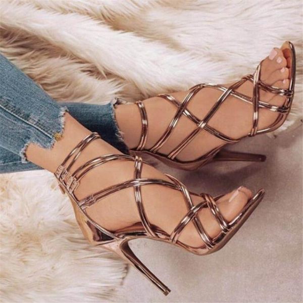 

dress shoes stiletto heel women sandals elastic cross strap ladies pumps high heels peep toe party plus size 35-43, Black