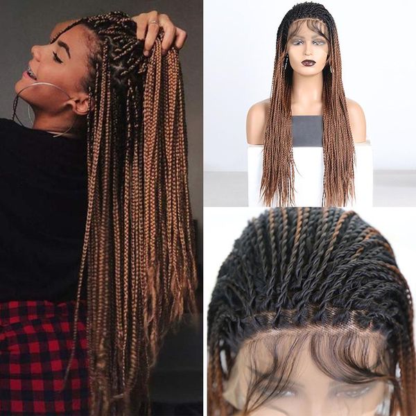 

synthetic wigs braided box braids for black women long lace front wig ombre brown two tone high temperature hair