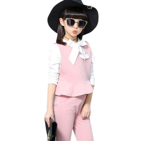 

girls clothes set spring autumn shirt + vest pants 3 pcs suits for 10 14 12 years cotton kids school 210528, White