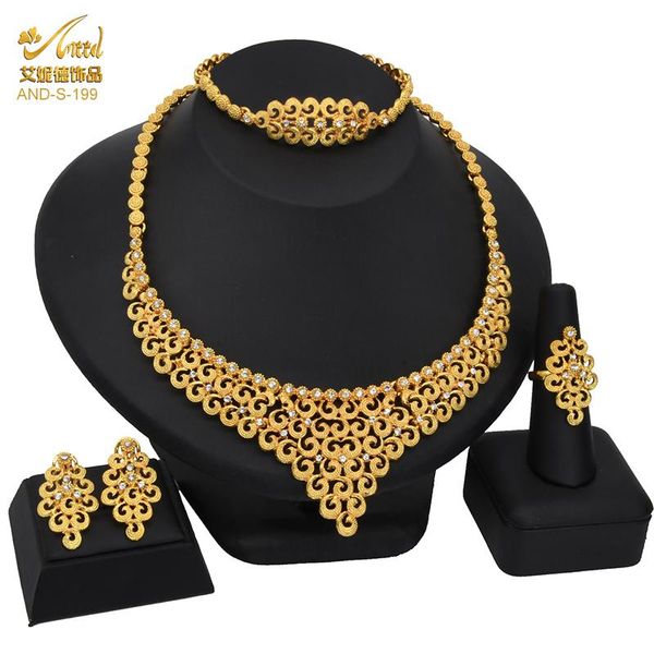 

earrings & necklace african jewelry sets dubai gold color bracelet earring ring set bridal wedding plated arab jewelries with crystal, Silver