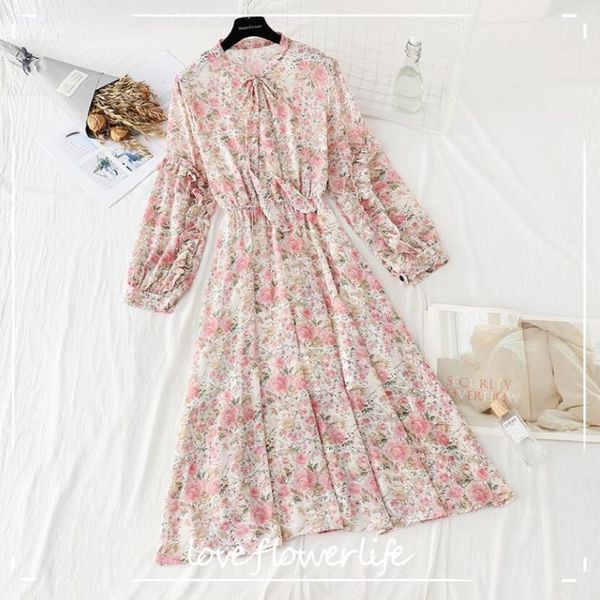 

spring summer lotus sleeve floral dress women o-neck bowknot chiffon dresses elegant a-line ruffles midi casual, Black;gray