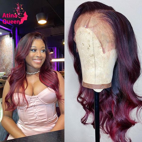 

lace wigs 13x6 hd transparet front ombre colored body wave human hair burgundy highlight bleached knots glueless remy, Black;brown