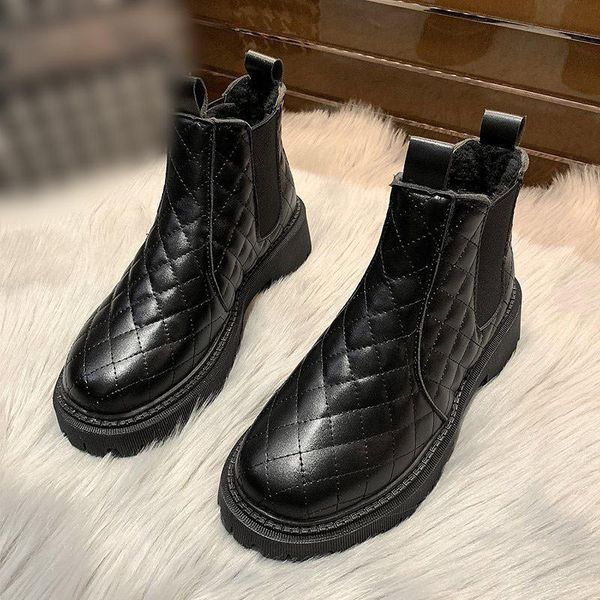 

boots 2021 winter women snow female keep warm platform pu leather stretch fabric slip-on shoes ladies solid outdoors boot, Black