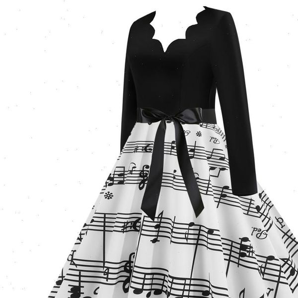 

music note women dress print swing vintage long sleeve v neck party elegant office dresses casual plus size vestidos, Black;gray