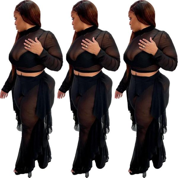 

women's two piece pants shzq ins test women clubwear mesh plus size high waist ruffles summer o-neck crop see-through sets, White