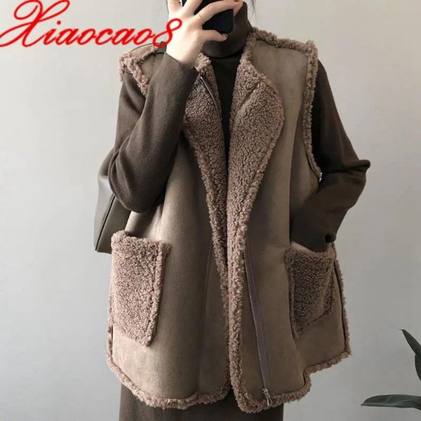 

women's vests fashion autumn women's suede vest wear on both sides sleeveless jacket coat oversize lambswool leather warm for women, Black;white