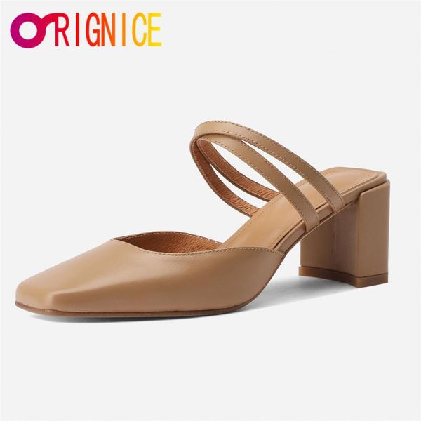 

orignice women elegant natural genuine leather pumps thick high heels square toe 2021 summer casual working house mules shoes dress, Black