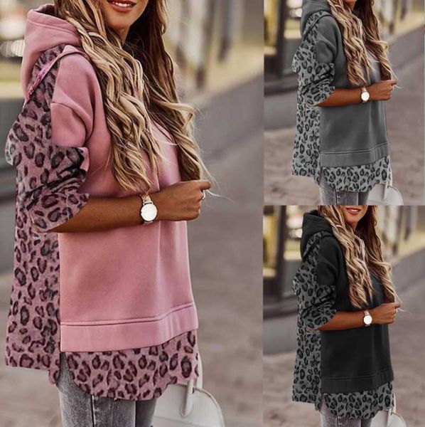 

leopard plaid print patchwork hoodie sweatshirt women vintage long sleeve streetwear 2021 autumn winter hooded pullover women's hoodies, Black