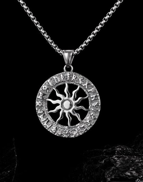 

pendant necklaces viking sun wheel titanium steel necklace for man, Silver