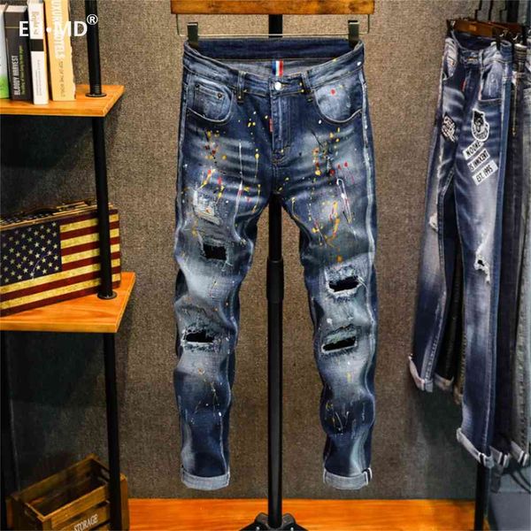

fashion jeans ehmd hole inkjet paint dot men's printed youth soft fabric casual loose cotton elastic scratched trousers badge red ears, Blue