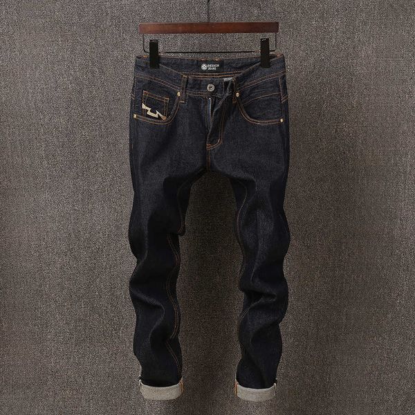 

men's jeans retro vintage fashion original unwashed slim fit redline denim pants designer pocket selvedge yhvv, Blue